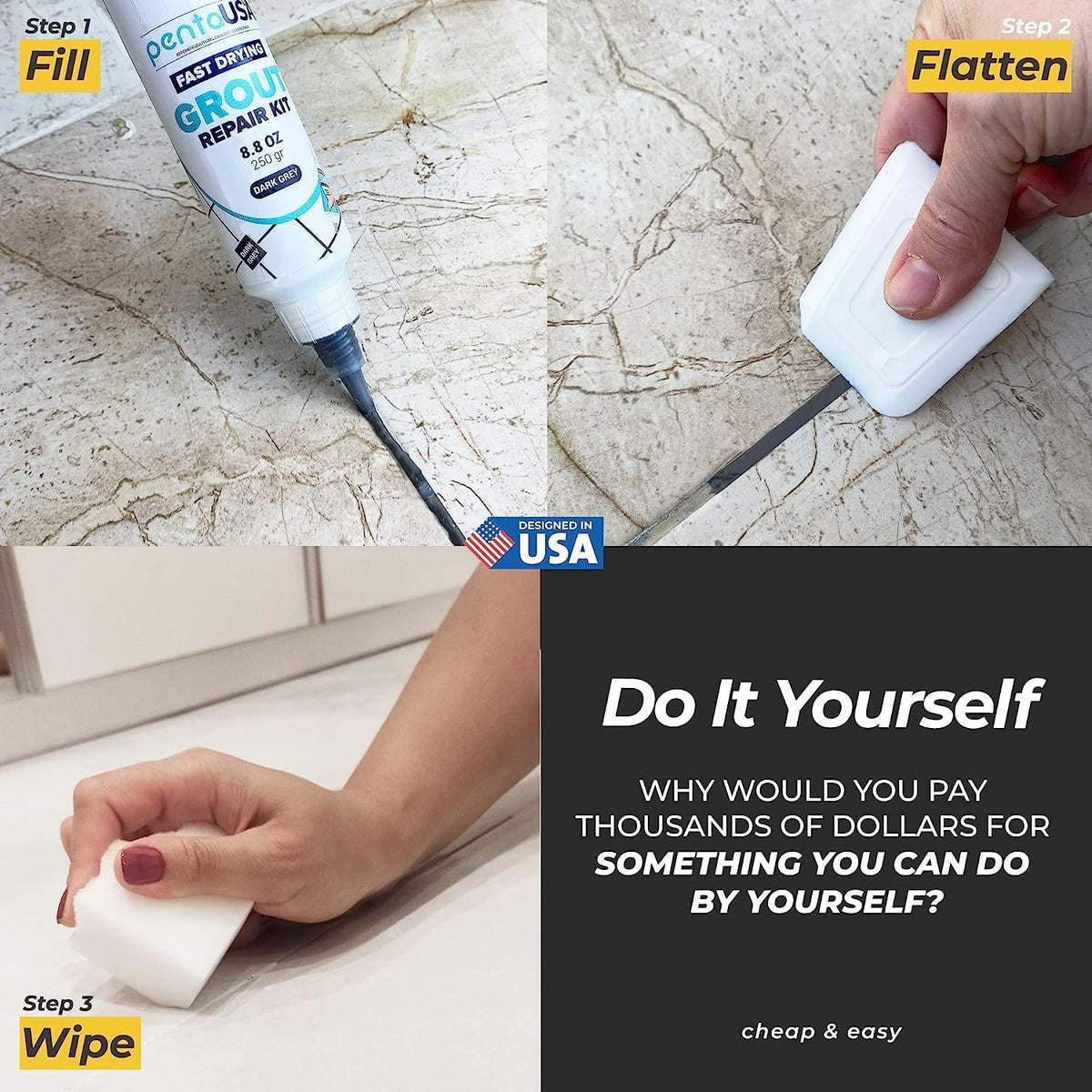 PentaUSA Tile Grout Repair Kit — Premixed Acrylic Sanded Grout for Bathrooms & Kitchens (Dark Gray)