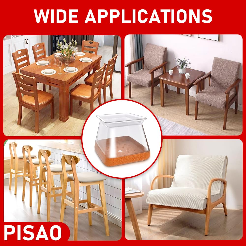 PISAO 24 Pcs Chair Leg Protectors — Square Silicone Caps with Wrapped Felt Bottom for Hardwood Floors (Fits 1-1/8"–1-1/2" Legs)