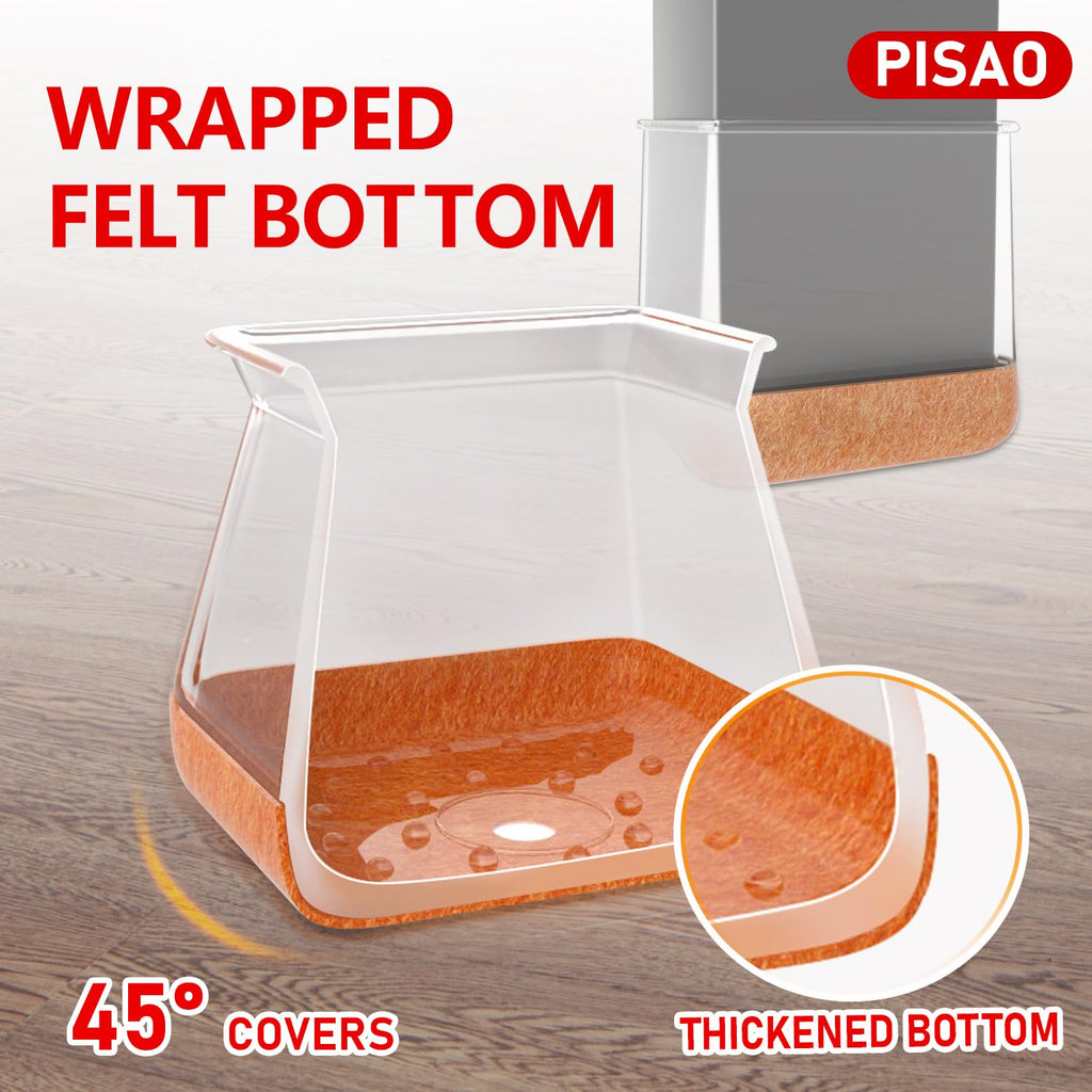PISAO 24 Pcs Chair Leg Protectors — Square Silicone Caps with Wrapped Felt Bottom for Hardwood Floors (Fits 1-1/8"–1-1/2" Legs)