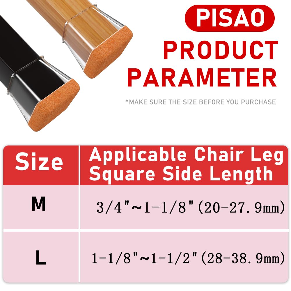 PISAO 24 Pcs Chair Leg Protectors — Square Silicone Caps with Wrapped Felt Bottom for Hardwood Floors (Fits 1-1/8"–1-1/2" Legs)