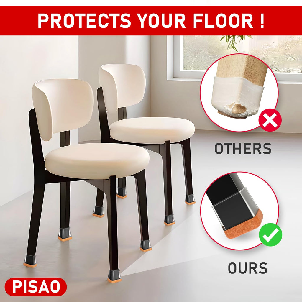 PISAO 24 Pcs Chair Leg Protectors — Square Silicone Caps with Wrapped Felt Bottom for Hardwood Floors (Fits 1-1/8"–1-1/2" Legs)