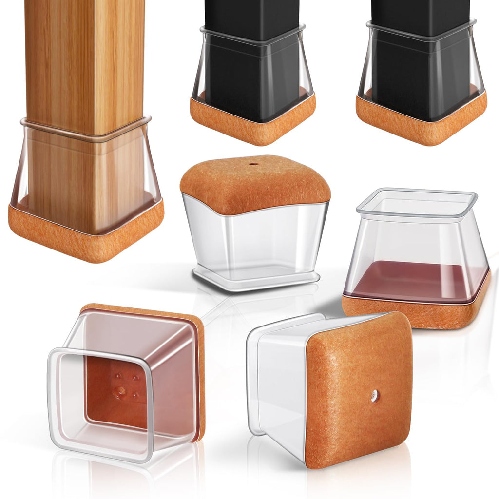 PISAO 24 Pcs Chair Leg Protectors — Square Silicone Caps with Wrapped Felt Bottom for Hardwood Floors (Fits 1-1/8"–1-1/2" Legs)