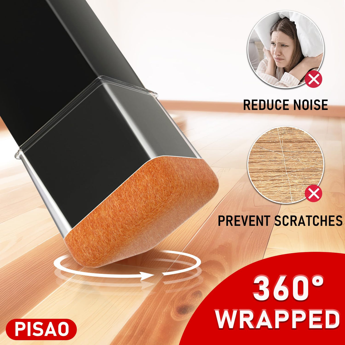 PISAO 24 Pcs Chair Leg Protectors — Square Silicone Caps with Wrapped Felt Bottom for Hardwood Floors (Fits 1-1/8"–1-1/2" Legs)