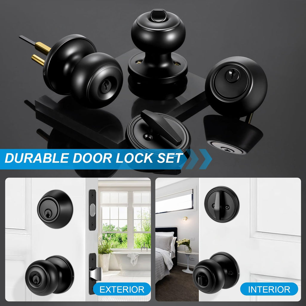 Plustool 5 Pack Front Door Lock Set Matte Black – Keyed Alike Deadbolt & Knob
