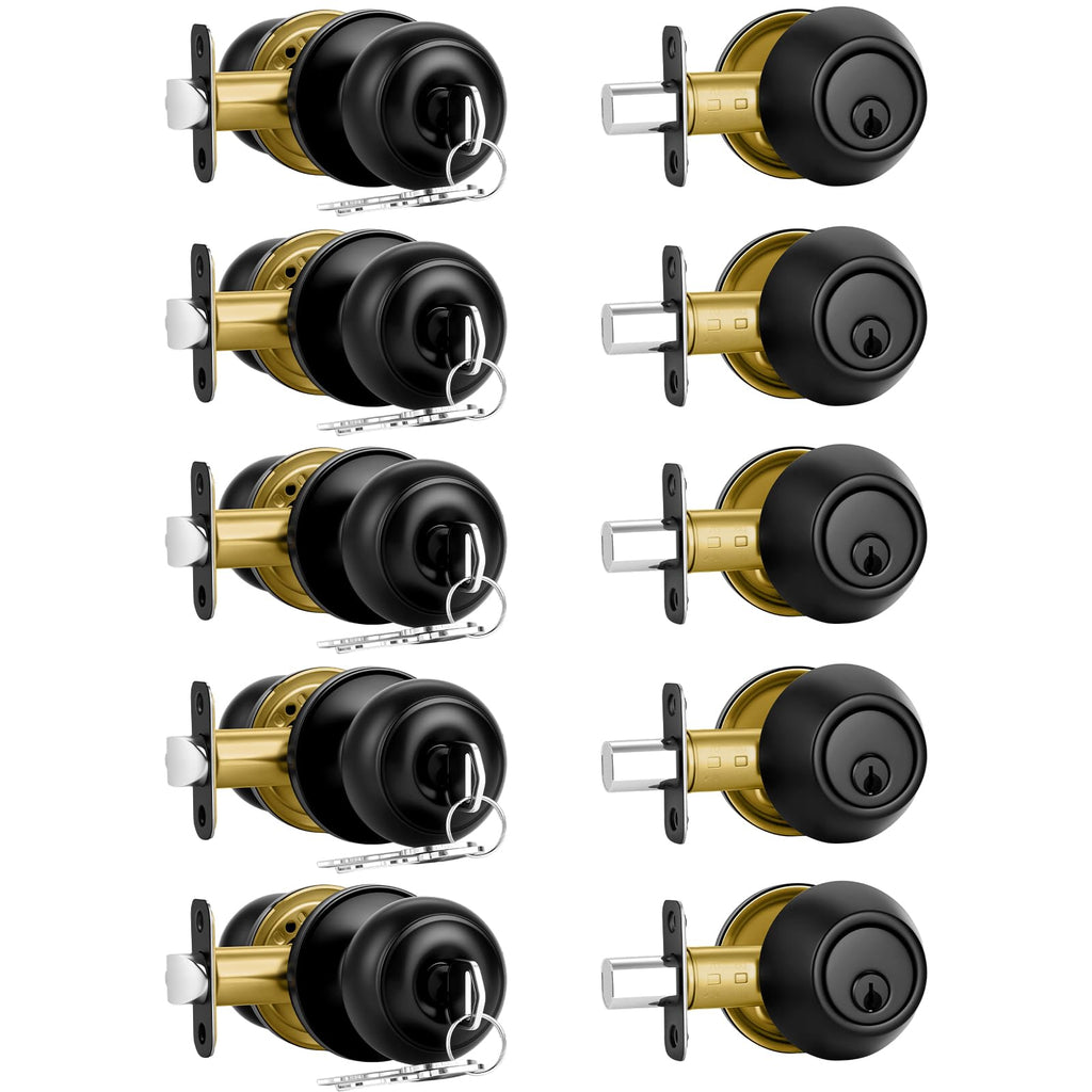Plustool 5 Pack Front Door Lock Set Matte Black – Keyed Alike Deadbolt & Knob