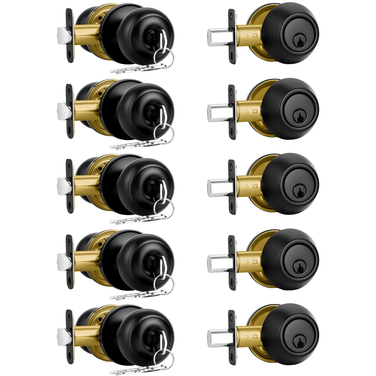 Plustool 5 Pack Front Door Lock Set Matte Black – Keyed Alike Deadbolt & Knob