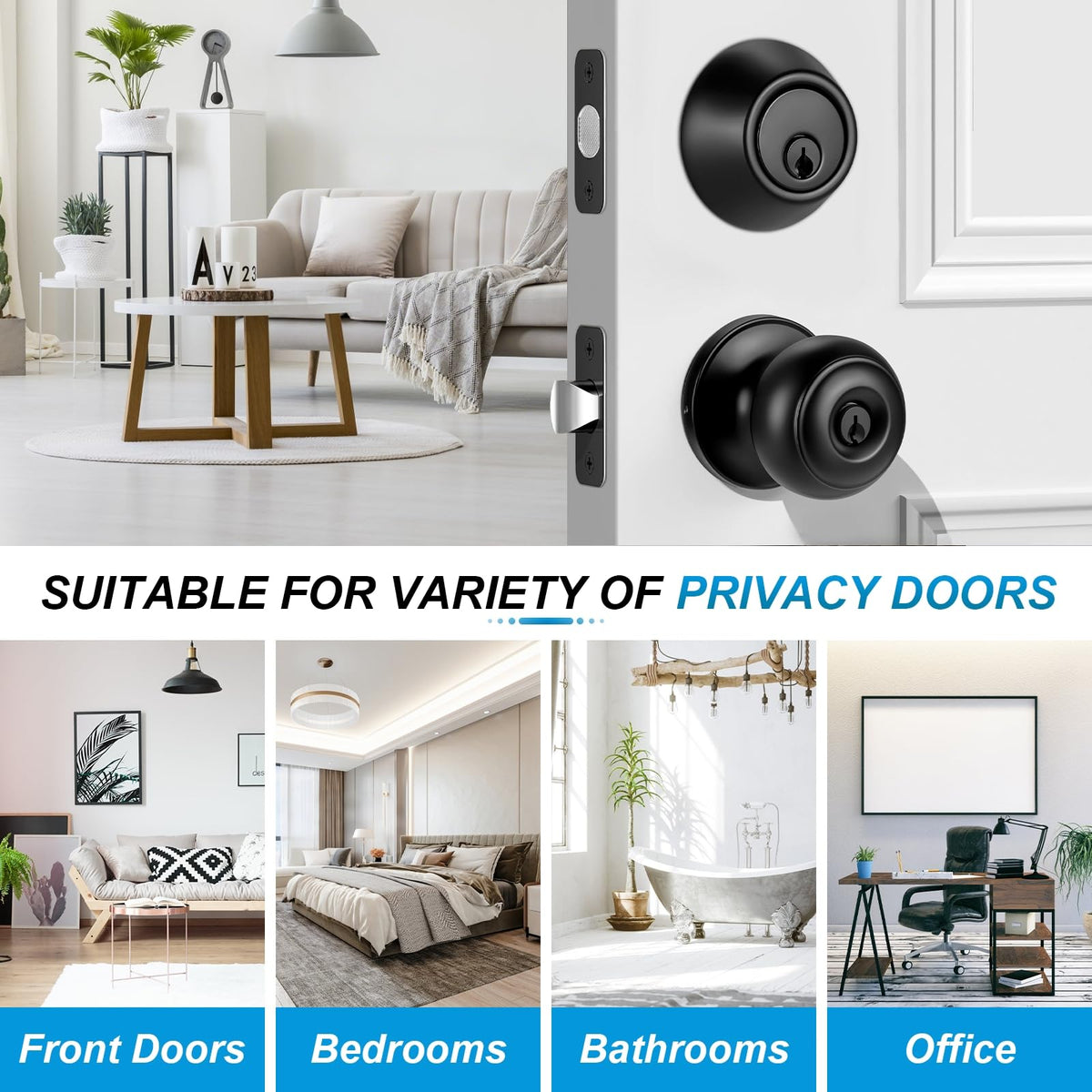 Plustool 5 Pack Front Door Lock Set Matte Black – Keyed Alike Deadbolt & Knob