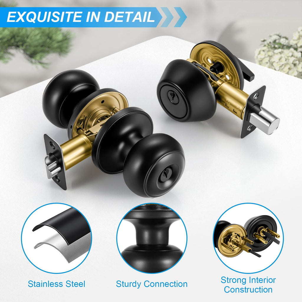 Plustool 5 Pack Front Door Lock Set Matte Black – Keyed Alike Deadbolt & Knob