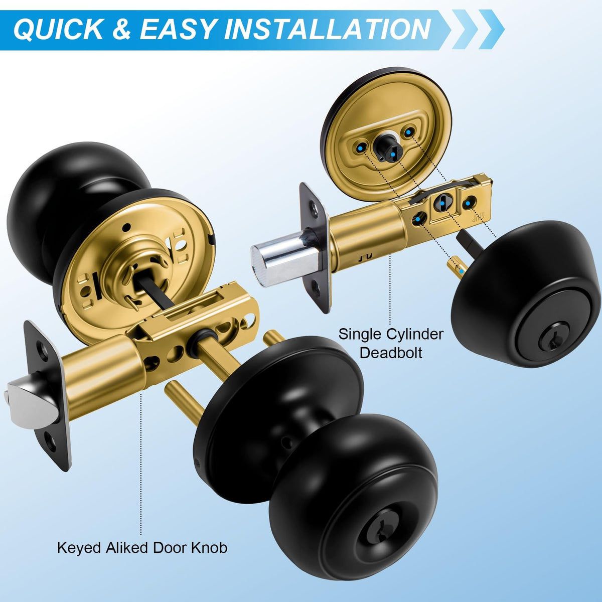 Plustool 5 Pack Front Door Lock Set Matte Black – Keyed Alike Deadbolt & Knob