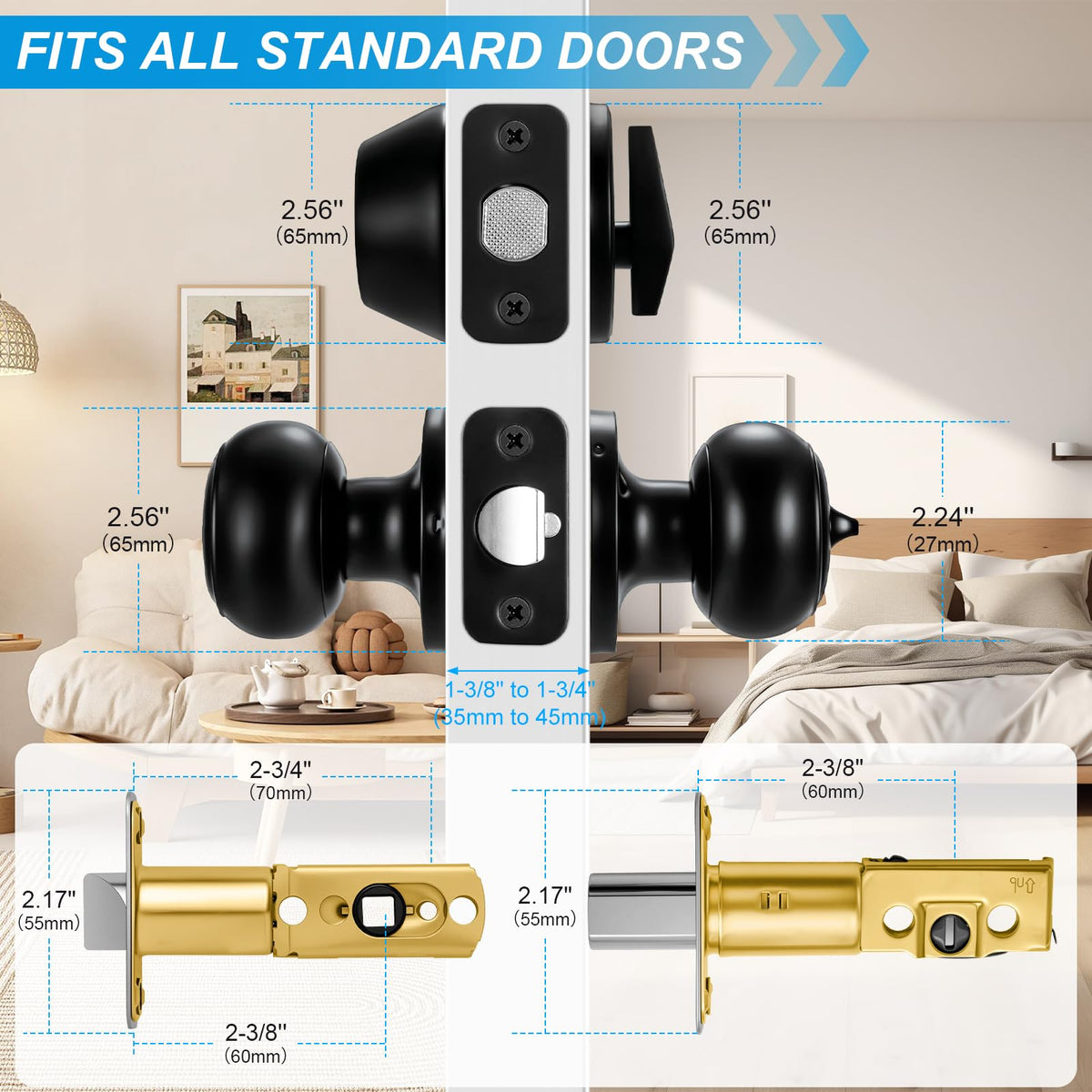 Plustool 5 Pack Front Door Lock Set Matte Black – Keyed Alike Deadbolt & Knob