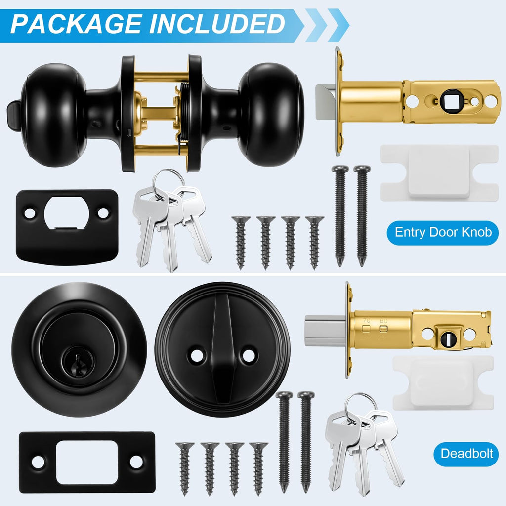 Plustool 5 Pack Front Door Lock Set Matte Black – Keyed Alike Deadbolt & Knob