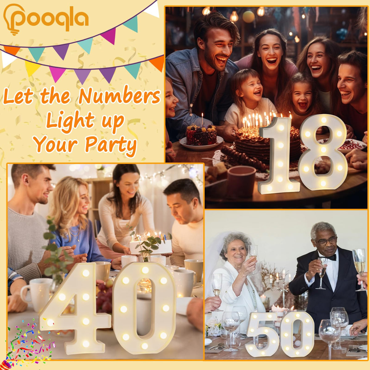Pooqla 50th Birthday Decorations - Light Up 50 Number Signs for Table & Wall
