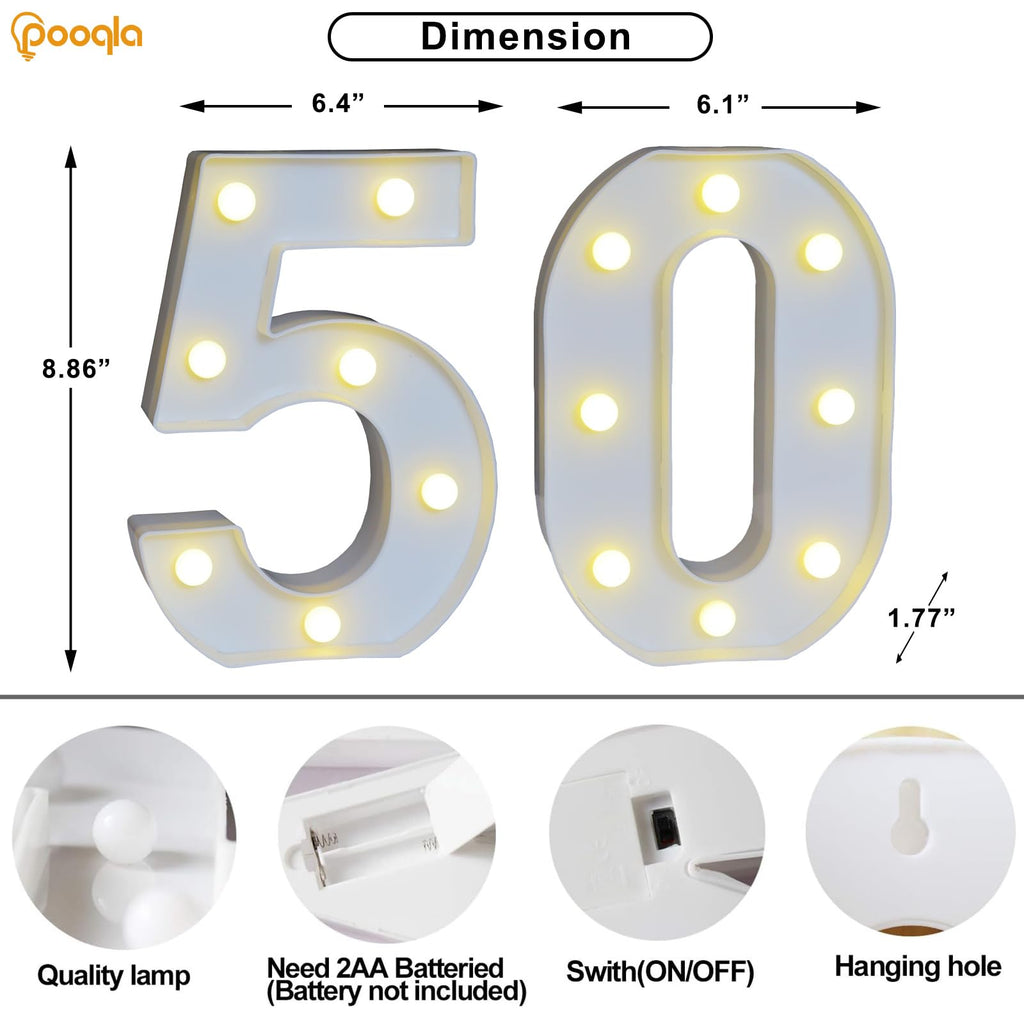 Pooqla 50th Birthday Decorations - Light Up 50 Number Signs for Table & Wall