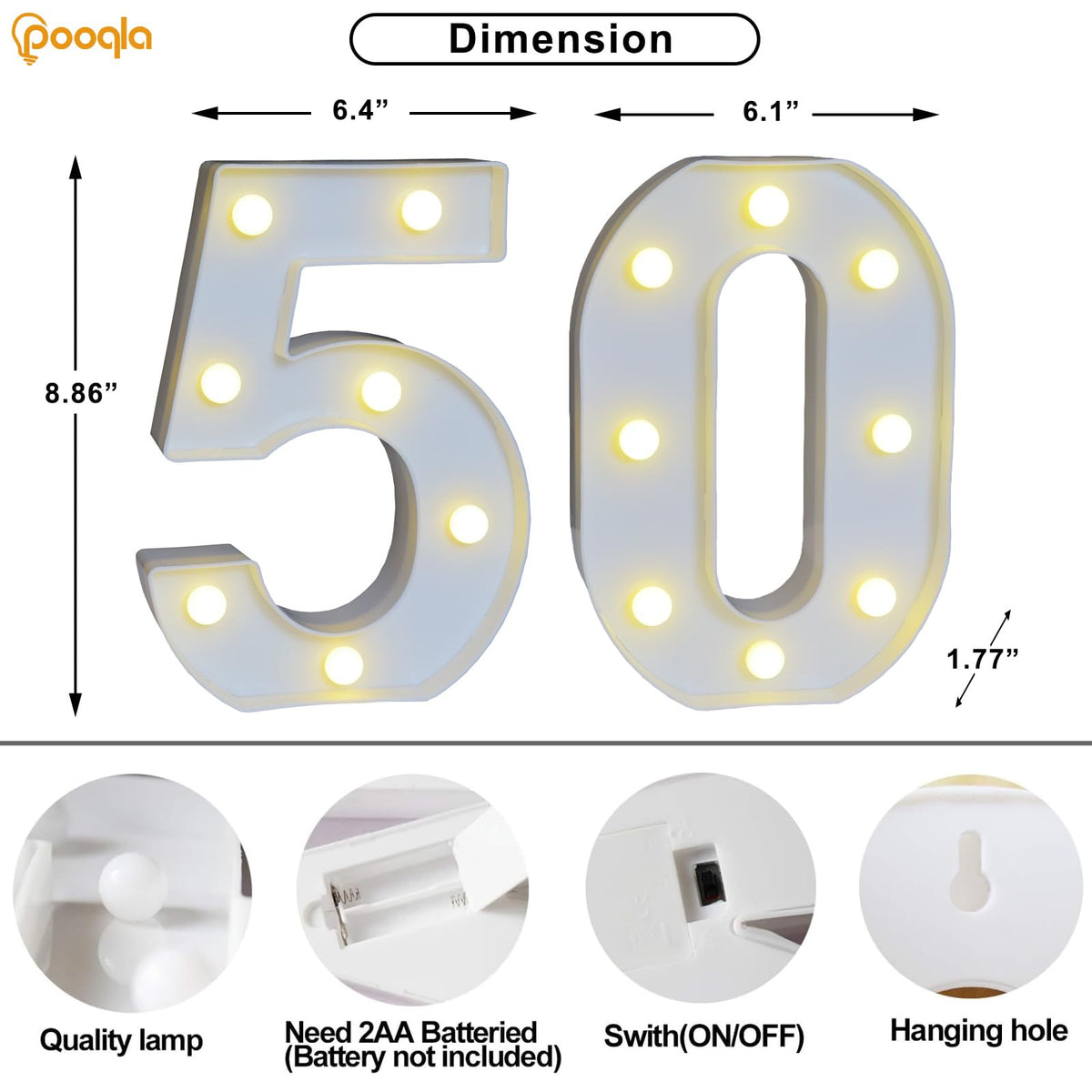 Pooqla 50th Birthday Decorations - Light Up 50 Number Signs for Table & Wall