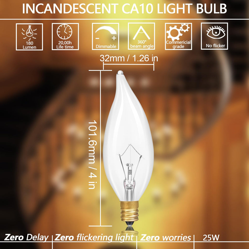 Potanro E12 Incandescent Light Bulbs – 25W, 2700K Warm White, 180 Lumens, Dimmable Candelabra Bulbs (20-Pack)