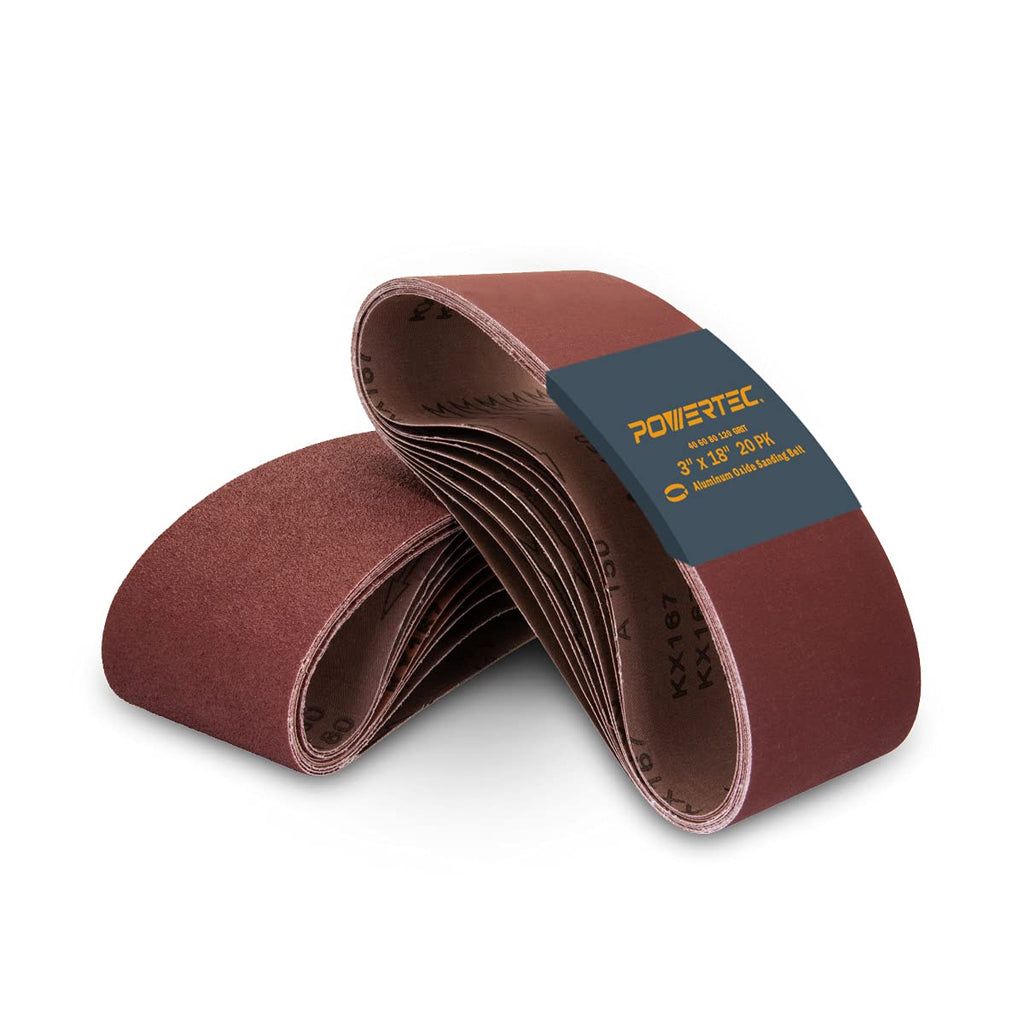 POWERTEC 3 x 18-Inch Sanding Belts, 20 Belts (40/60/80/120 Grit), Aluminum Oxide