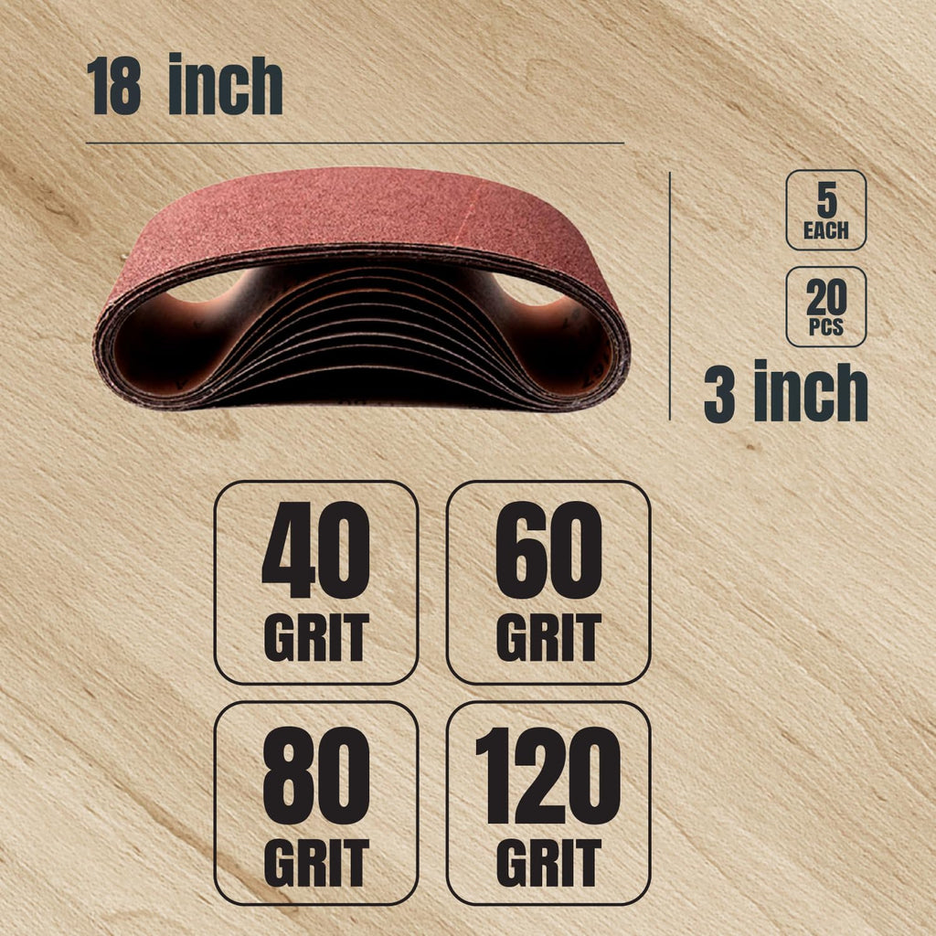 POWERTEC 3 x 18-Inch Sanding Belts, 20 Belts (40/60/80/120 Grit), Aluminum Oxide