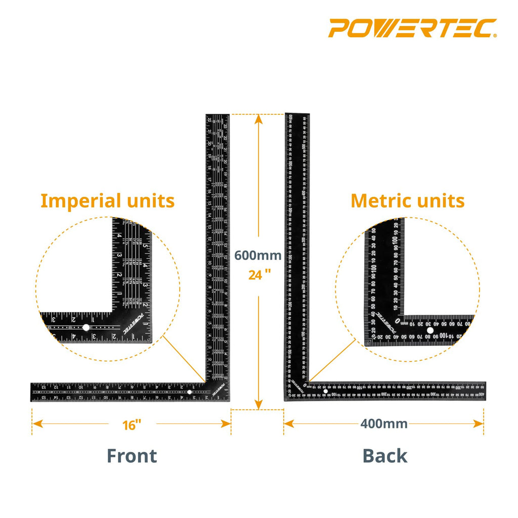 POWERTEC Framing Square 16'' x 24'' – Imperial & Metric Graduations for Carpentry
