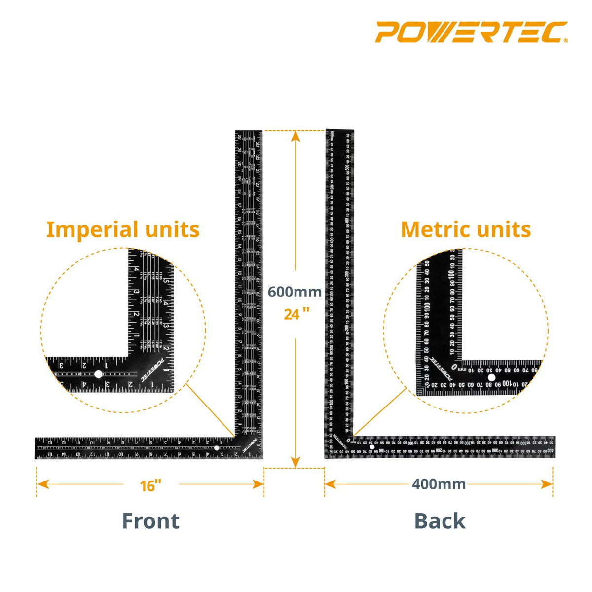 POWERTEC Framing Square 16'' x 24'' – Imperial & Metric Graduations for Carpentry