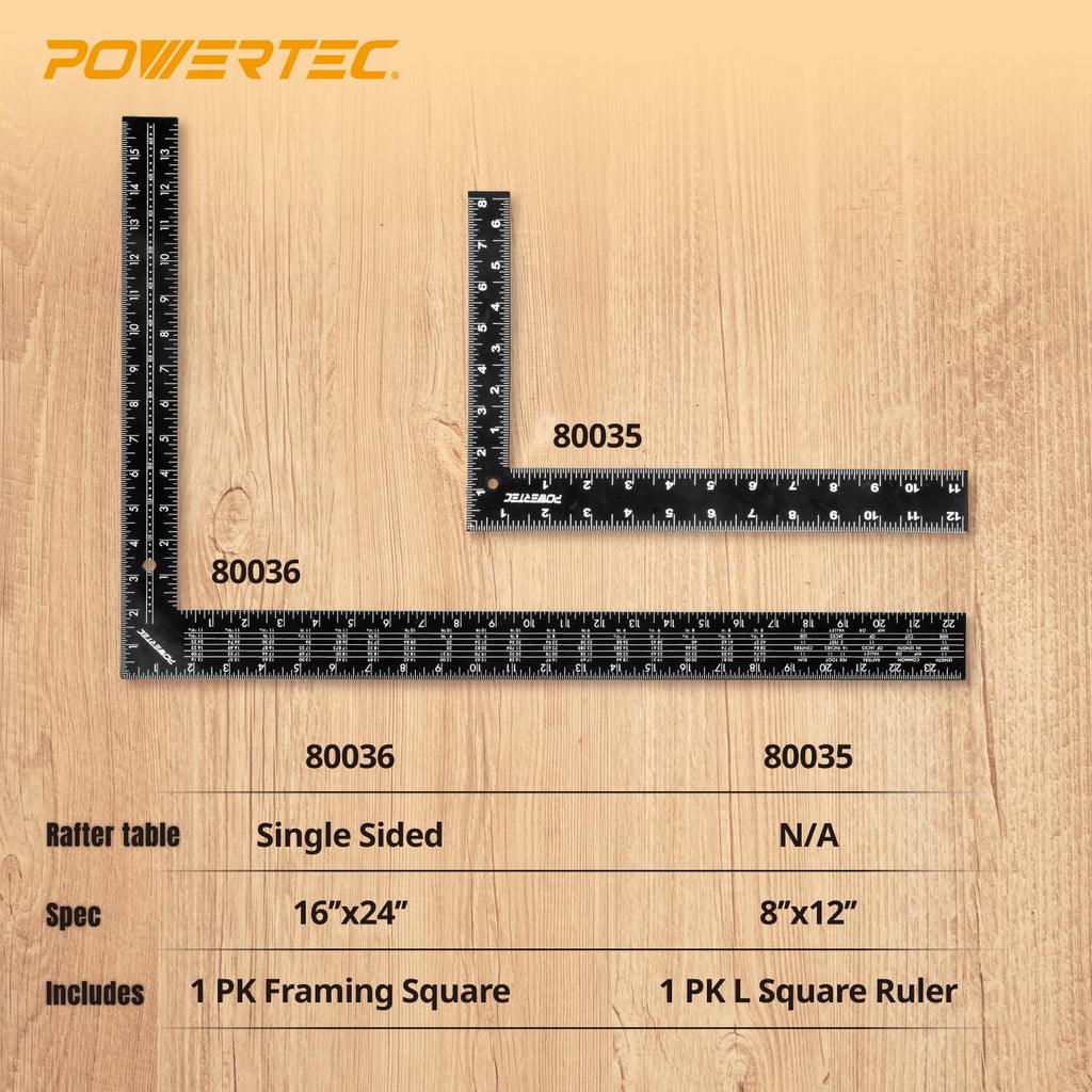 POWERTEC Framing Square 16'' x 24'' – Imperial & Metric Graduations for Carpentry
