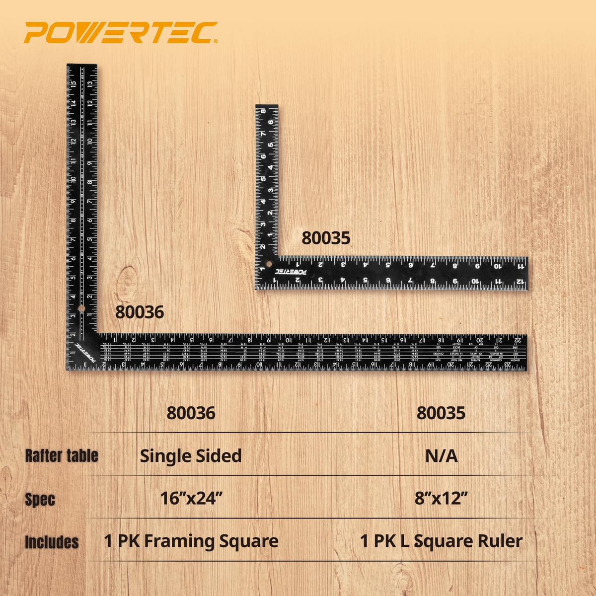 POWERTEC Framing Square 16'' x 24'' – Imperial & Metric Graduations for Carpentry