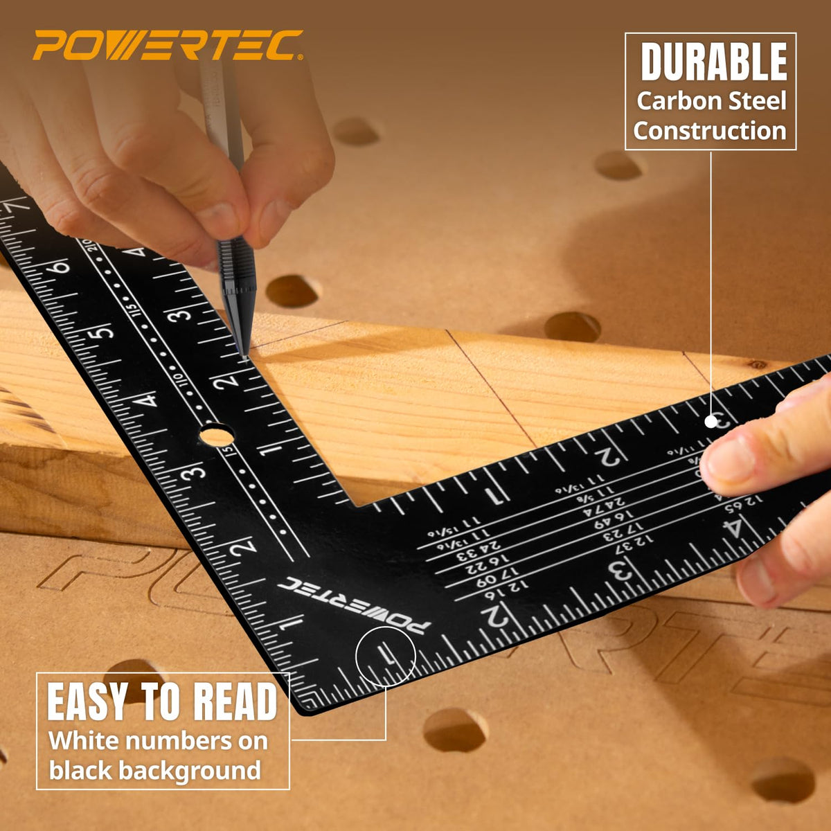 POWERTEC Framing Square 16'' x 24'' – Imperial & Metric Graduations for Carpentry