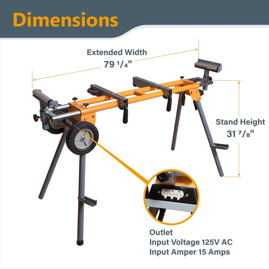 POWERTEC MT4000V Portable Miter Saw Stand – 330 lb Capacity, 8-Inch Wheels, Built-In 110V Outlet, Folding Design