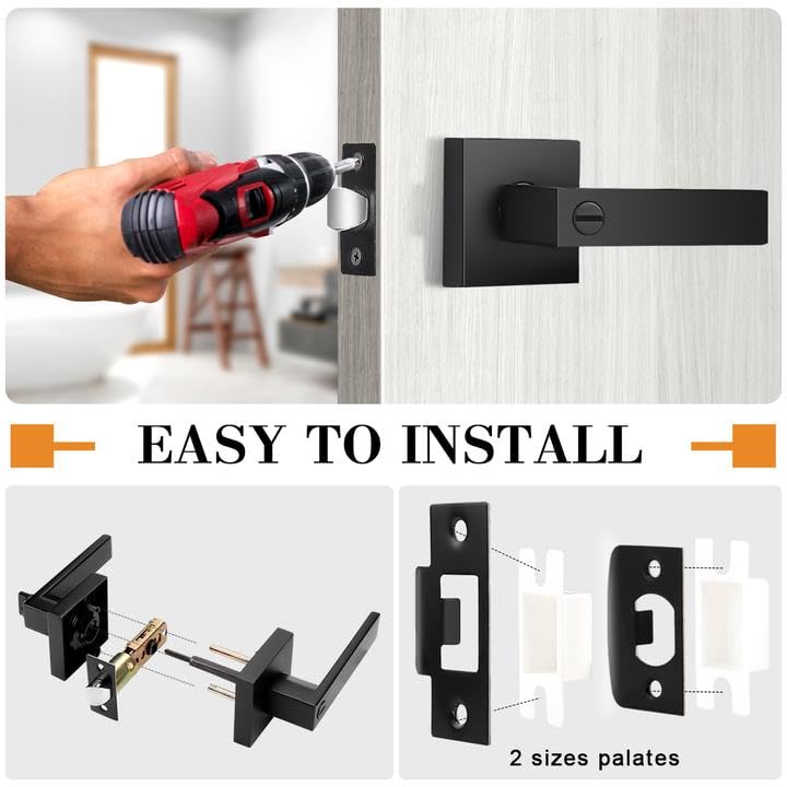 Probrico Heavy Duty Flat Black Square Privacy Door Levers – 6 Pack, Keyless Bed/Bath Lockset