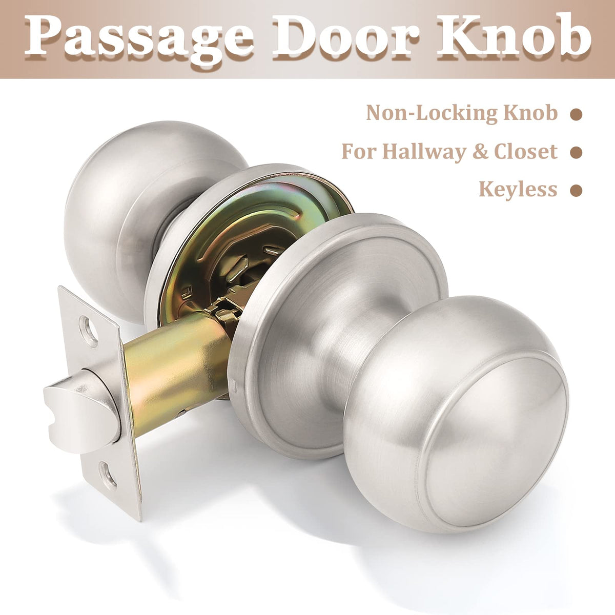 Probrico Round Passage Door Knob – Satin Nickel Non-Locking Knob for Hallways & Closets | 1 Pack