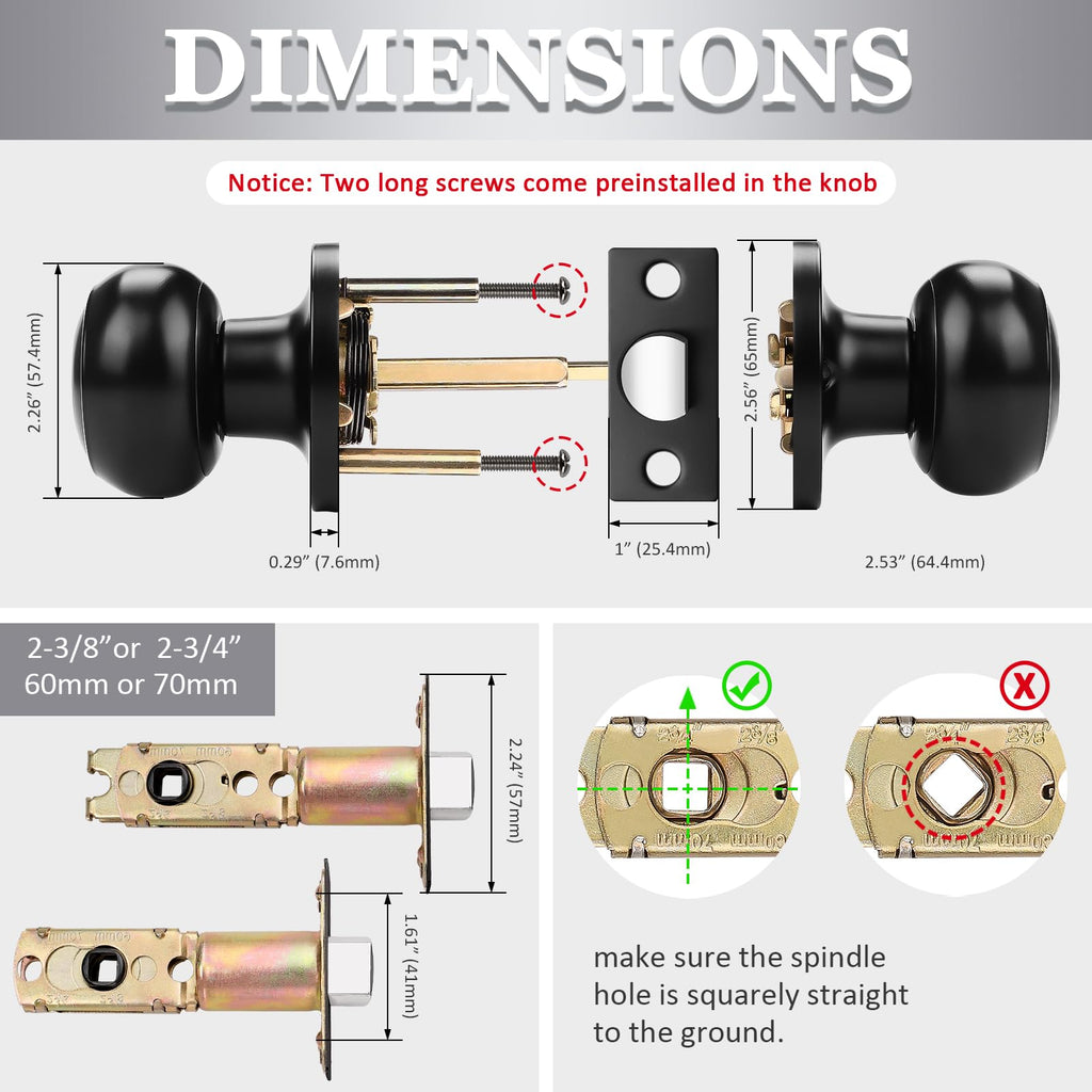 Probrico 1 Pack Round Passage Door Knob – Non-Locking Keyless Doorknob, Black Finish