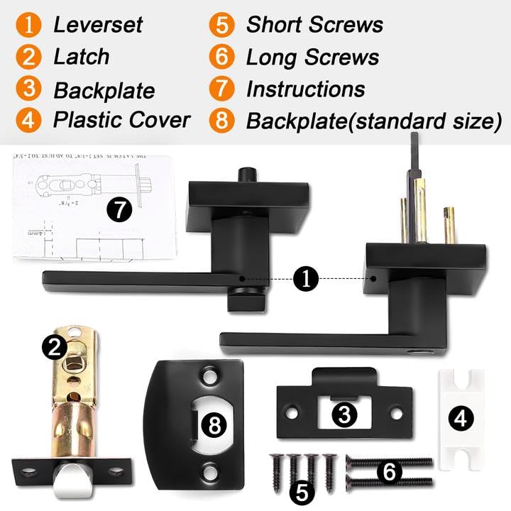 Probrico Heavy Duty Flat Black Square Privacy Door Levers – 6 Pack, Keyless Bed/Bath Lockset