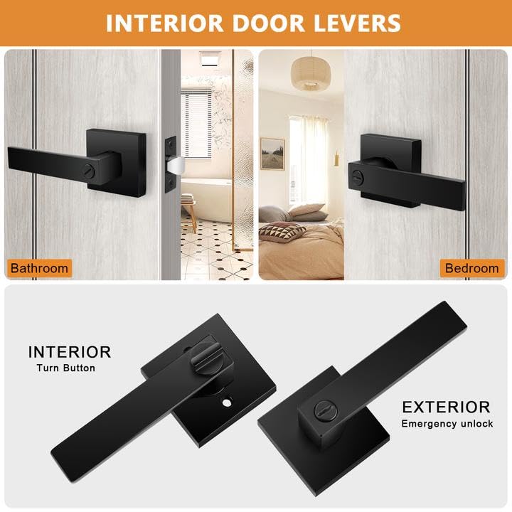 Probrico Heavy Duty Flat Black Square Privacy Door Levers – 6 Pack, Keyless Bed/Bath Lockset