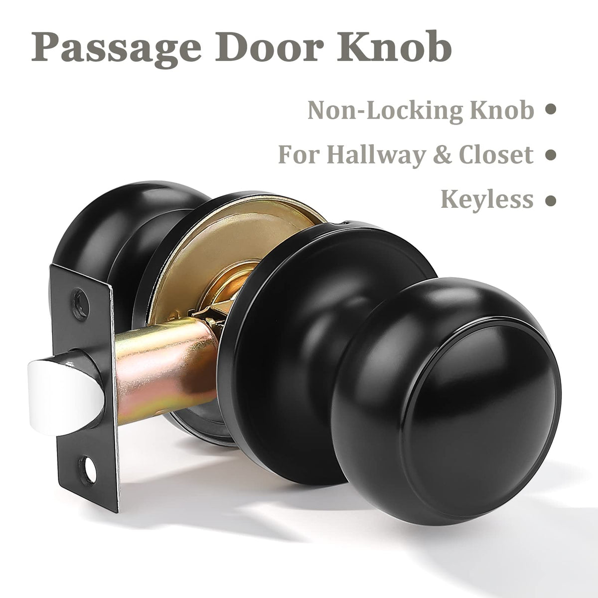 Probrico 1 Pack Round Passage Door Knob – Non-Locking Keyless Doorknob, Black Finish