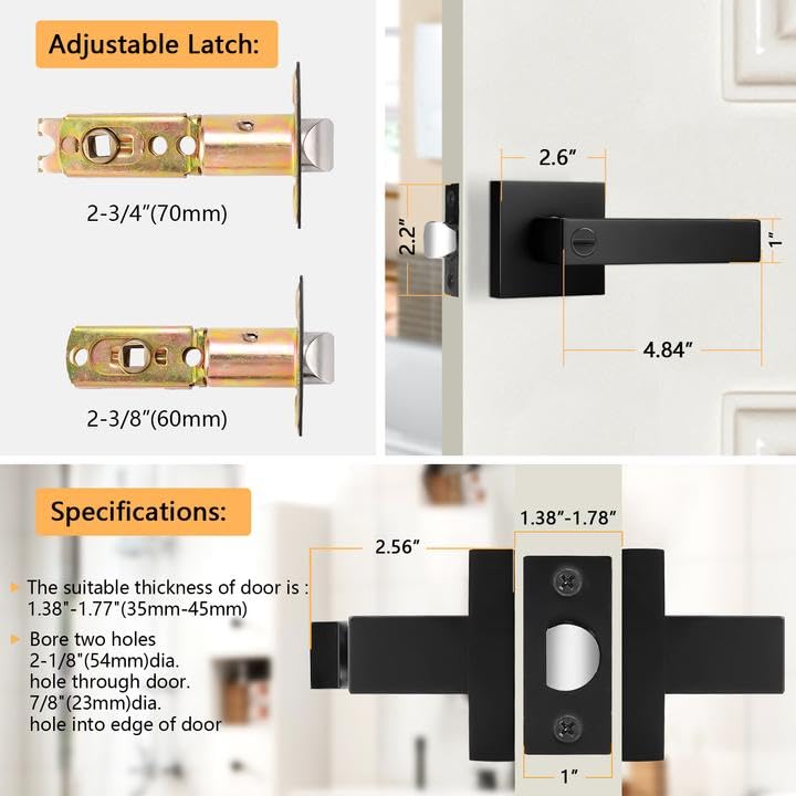 Probrico Heavy Duty Flat Black Square Privacy Door Levers – 6 Pack, Keyless Bed/Bath Lockset