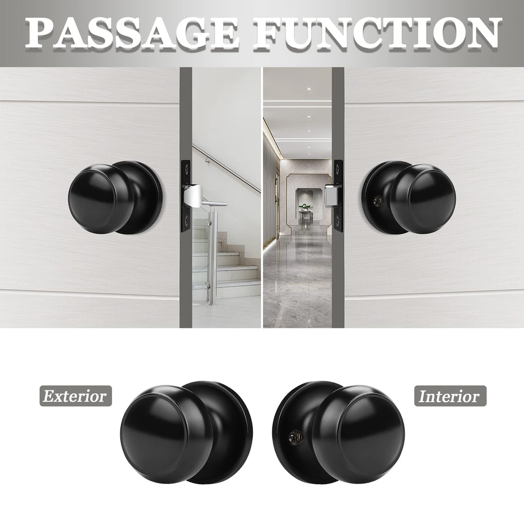 Probrico 1 Pack Round Passage Door Knob – Non-Locking Keyless Doorknob, Black Finish