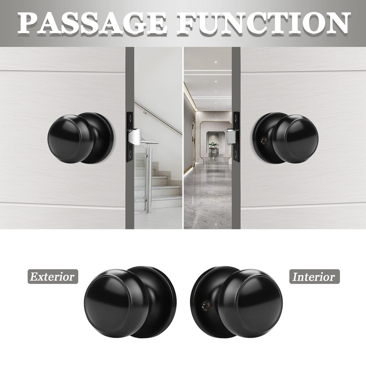 Probrico 1 Pack Round Passage Door Knob – Non-Locking Keyless Doorknob, Black Finish