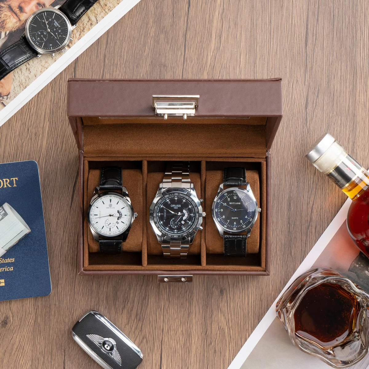 ProCase Watch Box - 3-Slot Leather Watch Organizer with Glass Lid (Espresso) | Gift-Ready