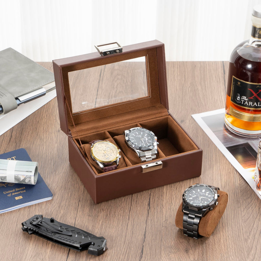ProCase Watch Box - 3-Slot Leather Watch Organizer with Glass Lid (Espresso) | Gift-Ready