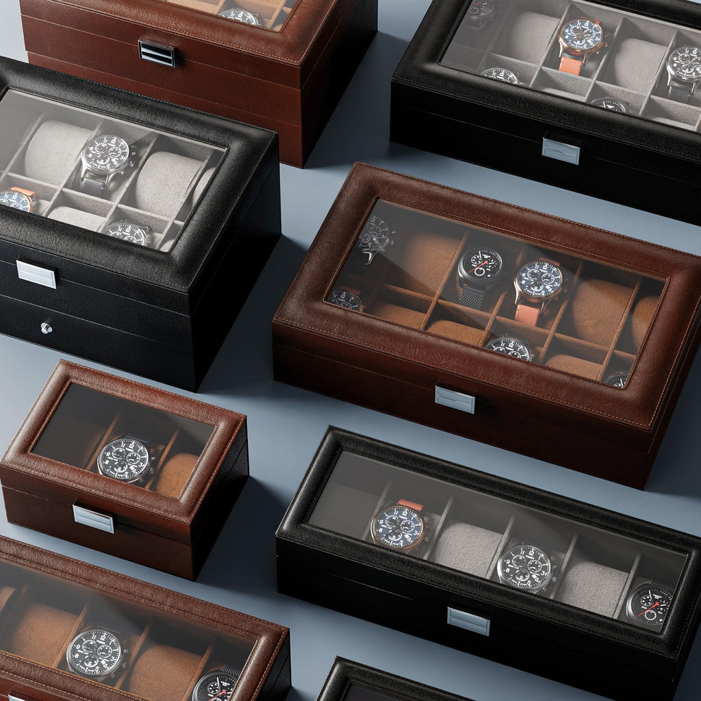 ProCase Watch Box - 3-Slot Leather Watch Organizer with Glass Lid (Espresso) | Gift-Ready