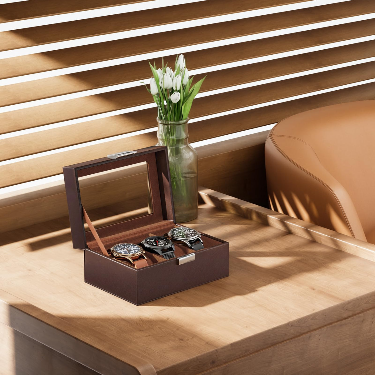 ProCase Watch Box - 3-Slot Leather Watch Organizer with Glass Lid (Espresso) | Gift-Ready