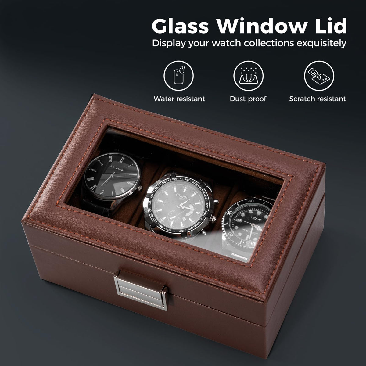 ProCase Watch Box - 3-Slot Leather Watch Organizer with Glass Lid (Espresso) | Gift-Ready