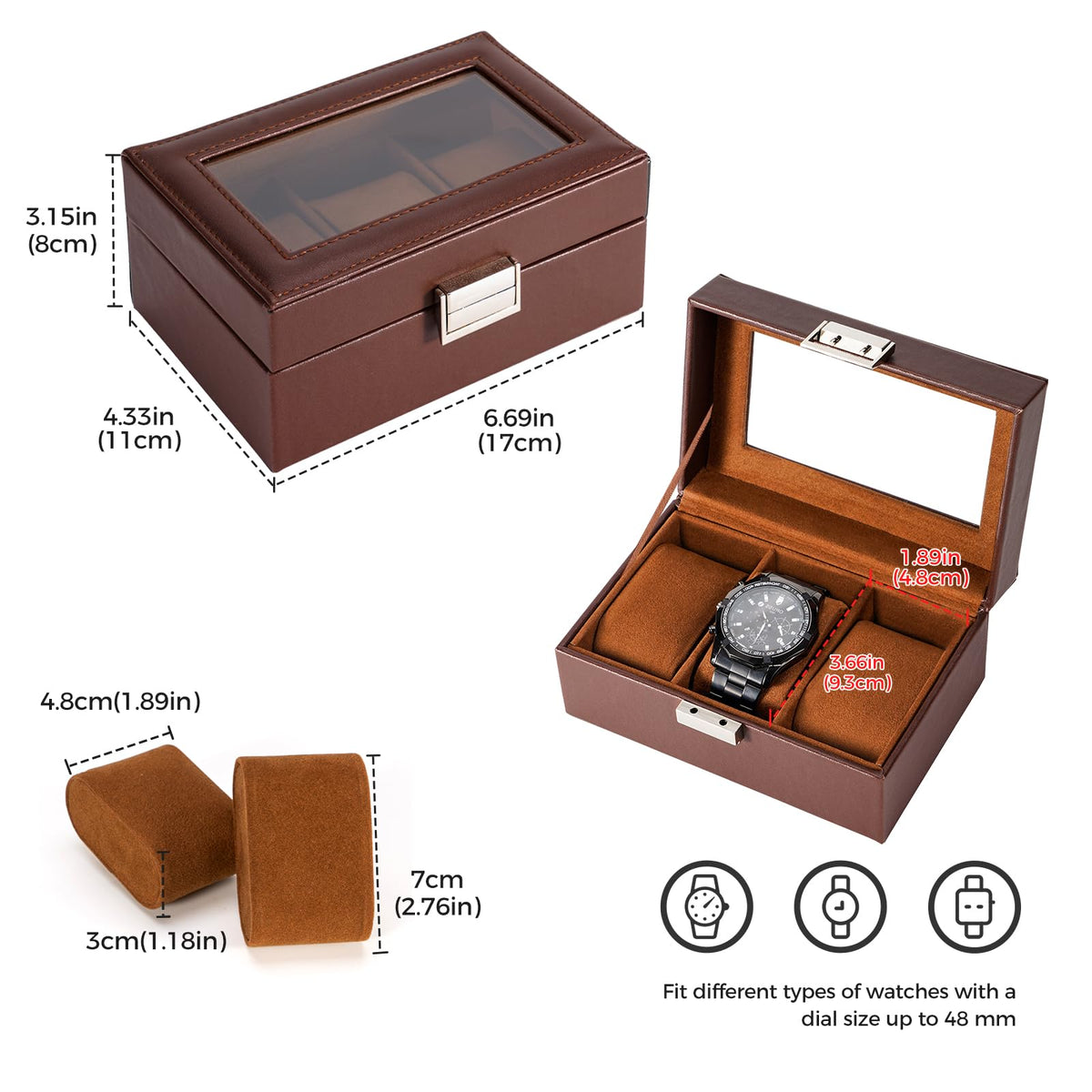 ProCase Watch Box - 3-Slot Leather Watch Organizer with Glass Lid (Espresso) | Gift-Ready