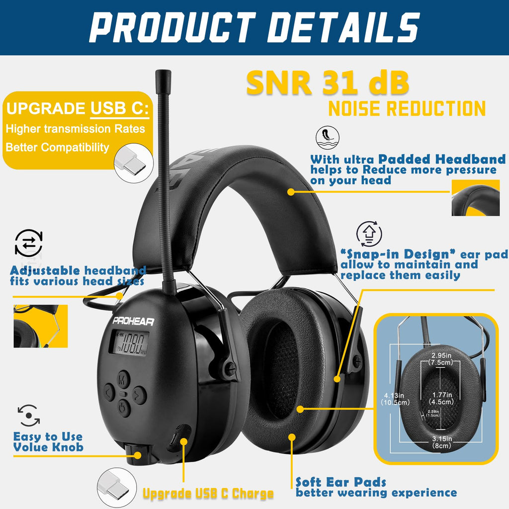 PROHEAR 033 AM/FM Bluetooth 5.4 Radio Headphones – 58H Playtime, USB-C, 31dB SNR