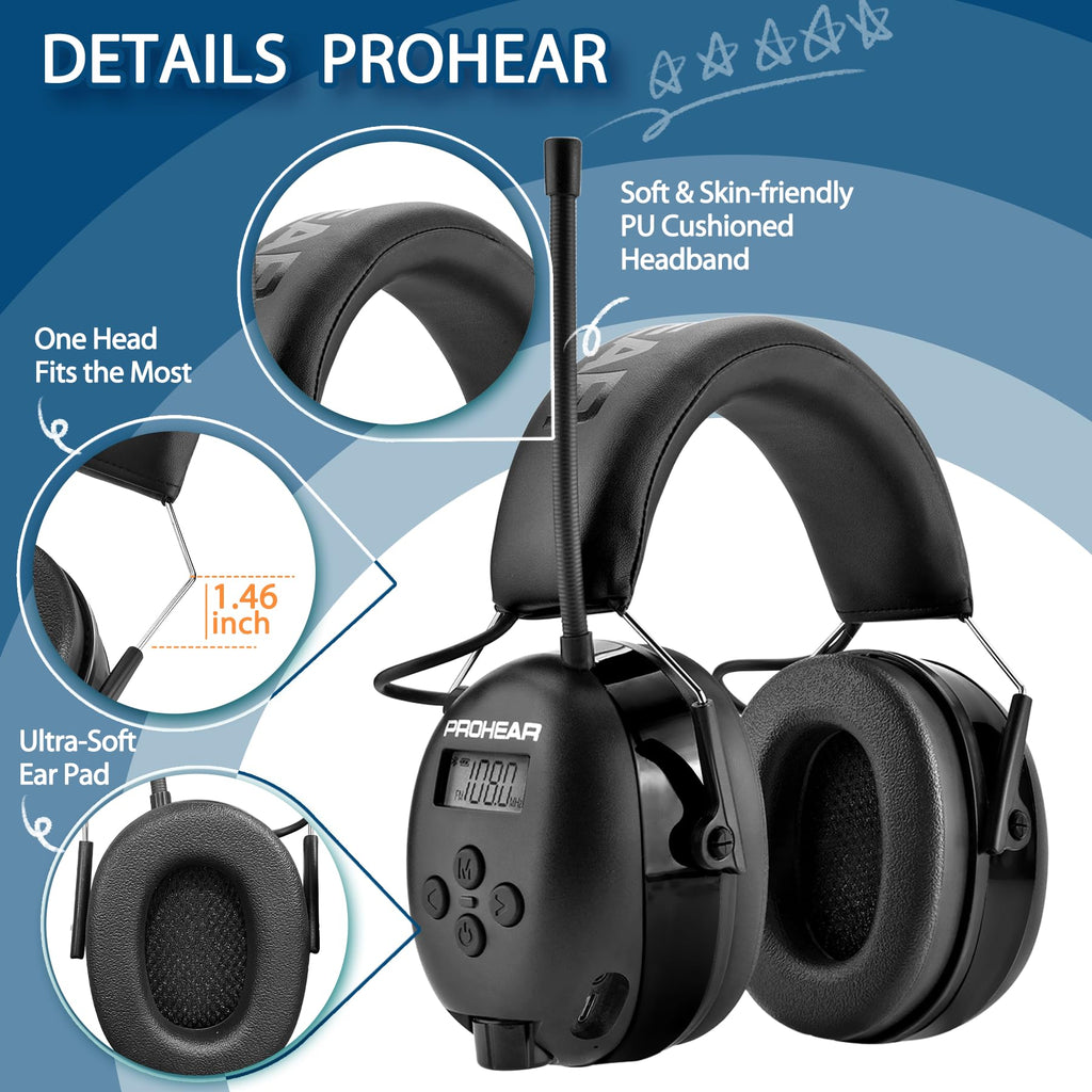 PROHEAR 033 AM/FM Bluetooth 5.4 Radio Headphones – 58H Playtime, USB-C, 31dB SNR