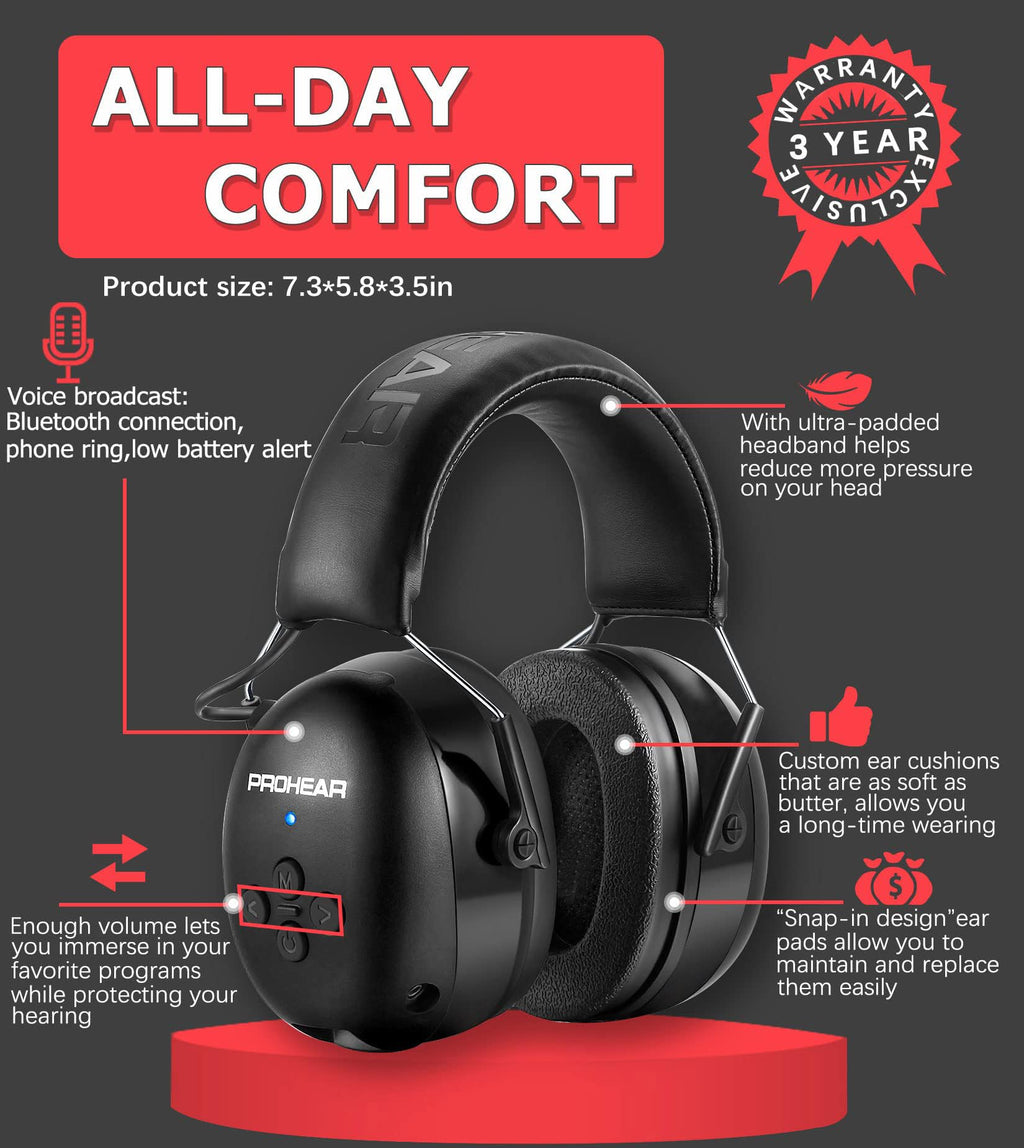 PROHEAR 037 2-Pack Bluetooth 6.0 Hearing Protection Headphones – Rechargeable, 30dB SNR for Mowing and Workshops