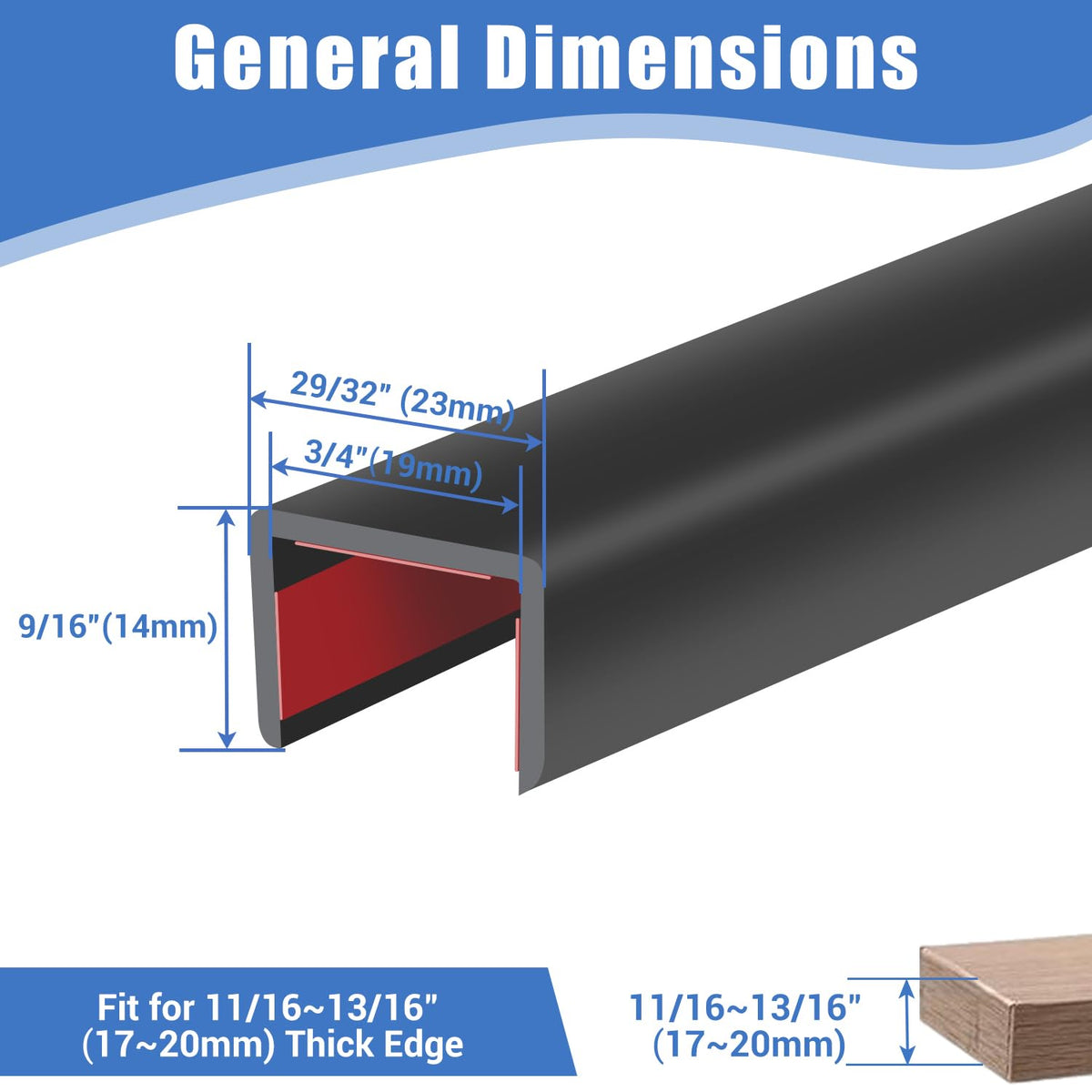 Protalwell Rubber Edge Trim – Self-Adhesive U-Channel Edge Protector for Cabinets & Drawers, 3/4 inch (19mm), 10 ft