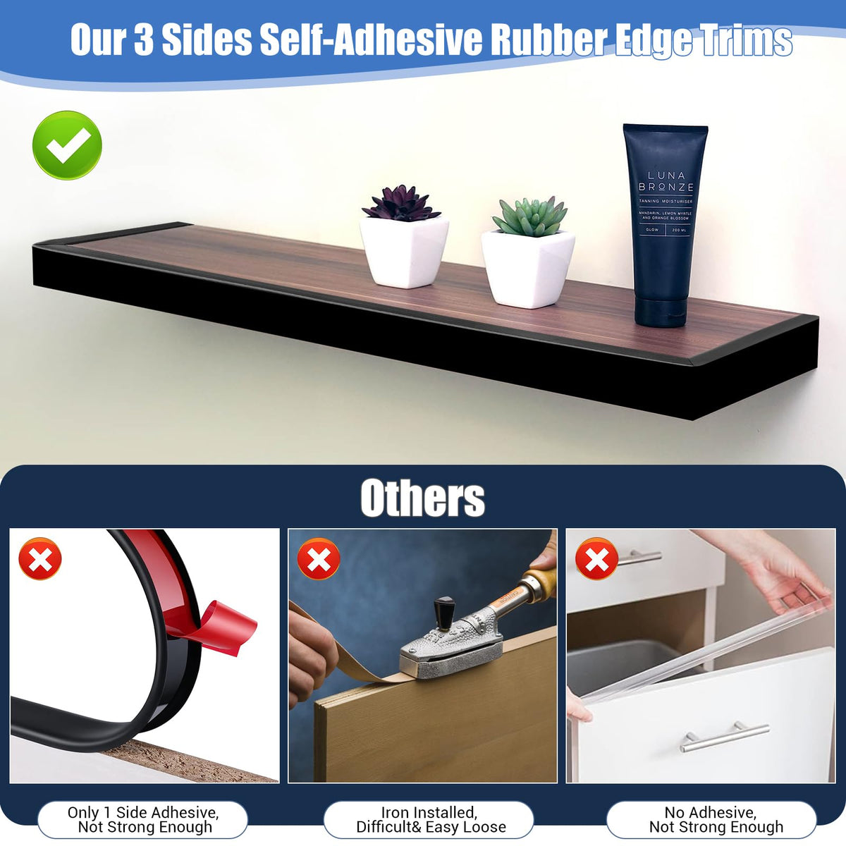 Protalwell Rubber Edge Trim – Self-Adhesive U-Channel Edge Protector for Cabinets & Drawers, 3/4 inch (19mm), 10 ft