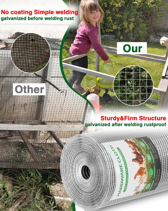 Pterying 1/2in x 48in x 100ft Hardware Cloth – Hot-Dip Galvanized Welded Wire Mesh for Poultry, Garden & Tree Protection