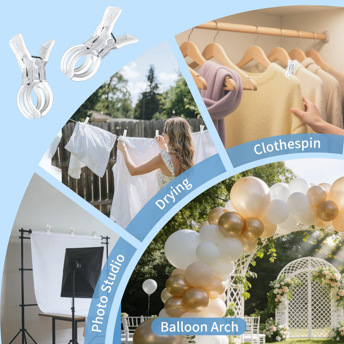 PUGPIU 24 Pack Balloon Arch Clips – Transparent 3.5 Inch Spring Clamps for Backdrops, Photography, and Decor