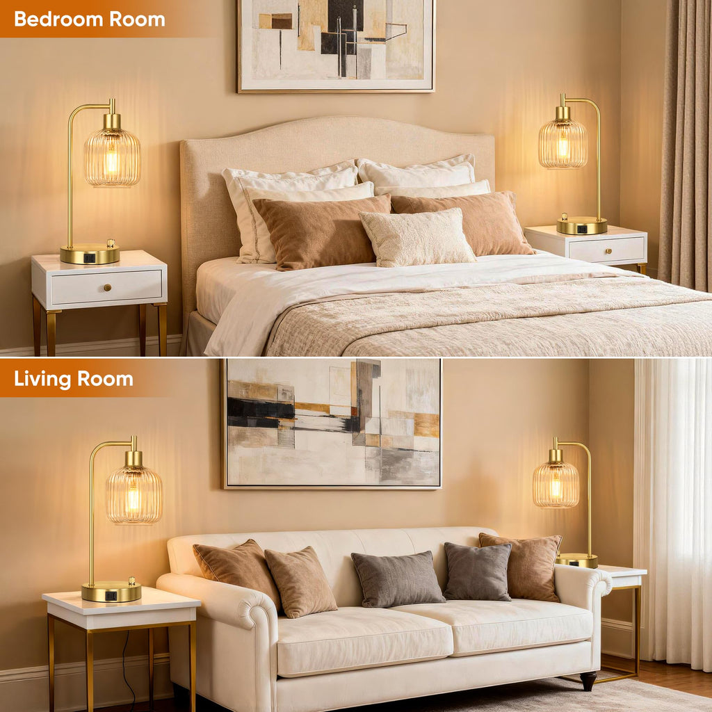QiMH Industrial Table Lamp Set (2) – Clear Glass, USB Ports, Dimmable, Gold Base